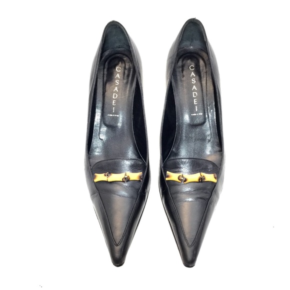 🌹Casadei Black Leather Pointed Toe Pumps w/ Bamboo🌹 - Picture 5 of 8